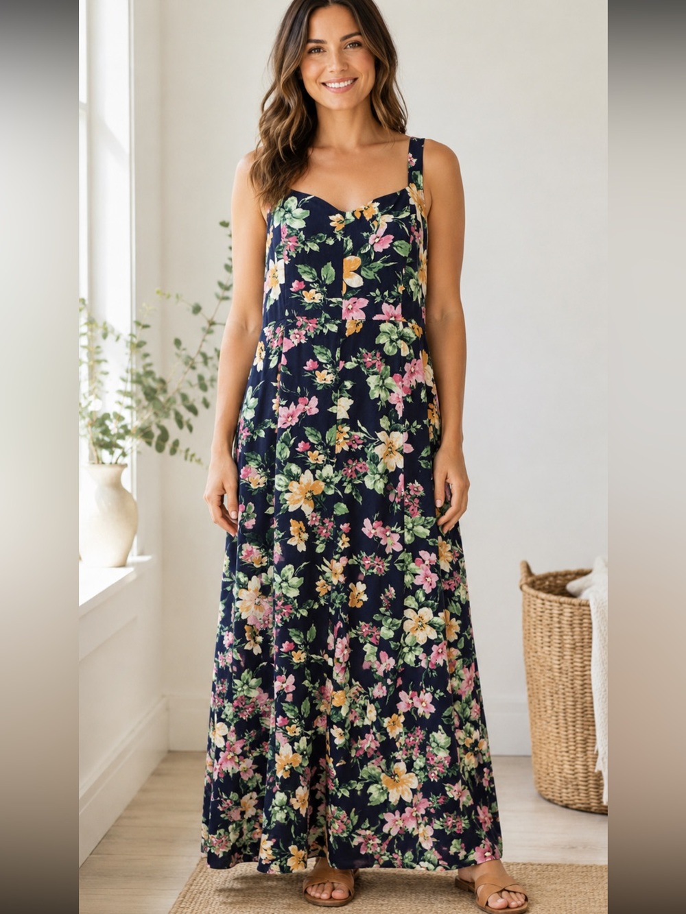 Old Navy Navy Floral Maxi Dress with Sweetheart Bodice XL XLT